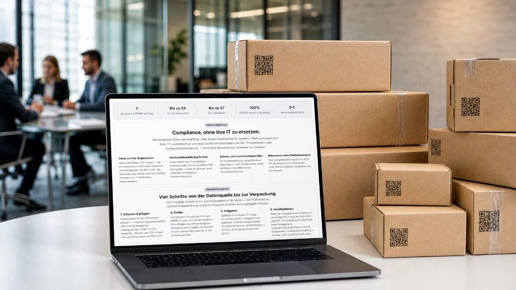 PakPruvo-Präsentation mit Verpackungskartons und QR-Codes für digitale EPR-Kennzeichnung ab 12. Februar 2027