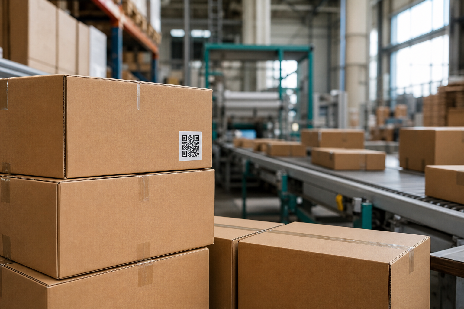 Kartons mit QR-Etiketten in einer Verpackungsproduktion